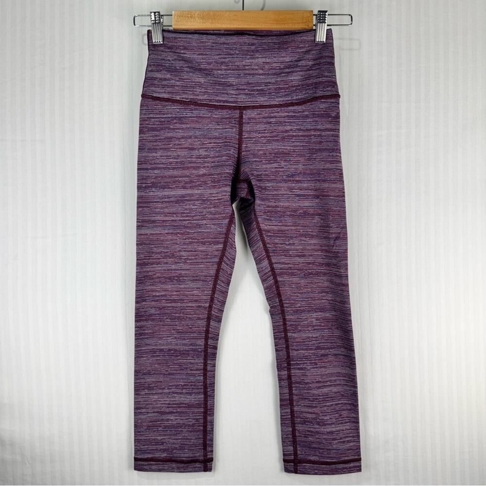 Lululemon Wunder Under Crop High Rise Royal Purple Striped Leggings Size 6 Luon